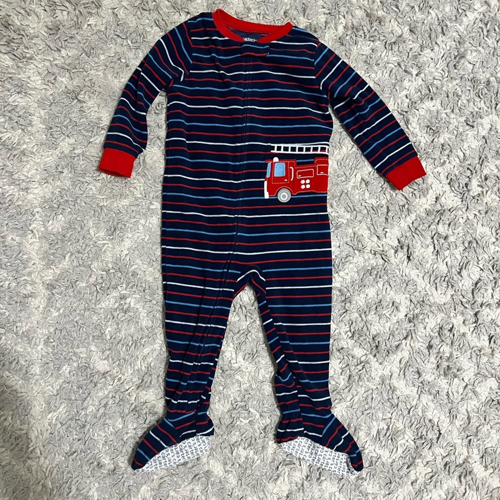 Carter's Red and Blue Striped Fire Truck Fleece Footie 2T